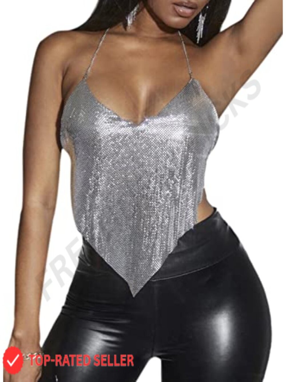 Metallic Chain Sequin Rhinestone Backless Crop Halter Top Club Rave